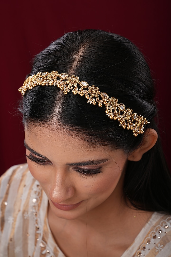 Gold Finish Kundan Polki Temple Sheeshpatti by EKATHVA JAIPUR at Pernia's Pop Up Shop