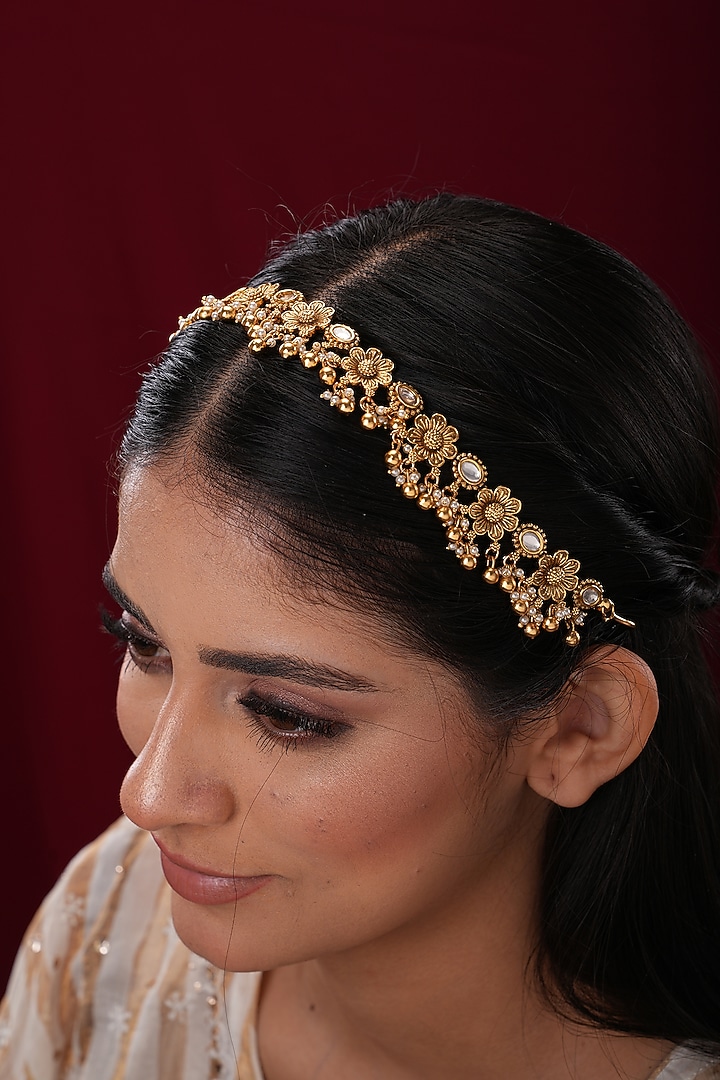 Gold Finish Kundan Polki Temple Sheeshpatti by EKATHVA JAIPUR at Pernia's Pop Up Shop