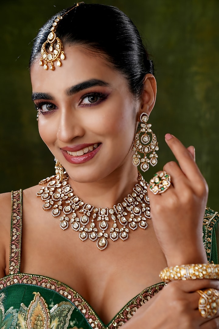 Gold Finish Moissanite Polki Necklace Set by EKATHVA JAIPUR at Pernia's Pop Up Shop