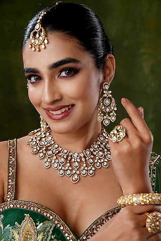 Gold Finish Moissanite Polki Necklace Set by EKATHVA JAIPUR