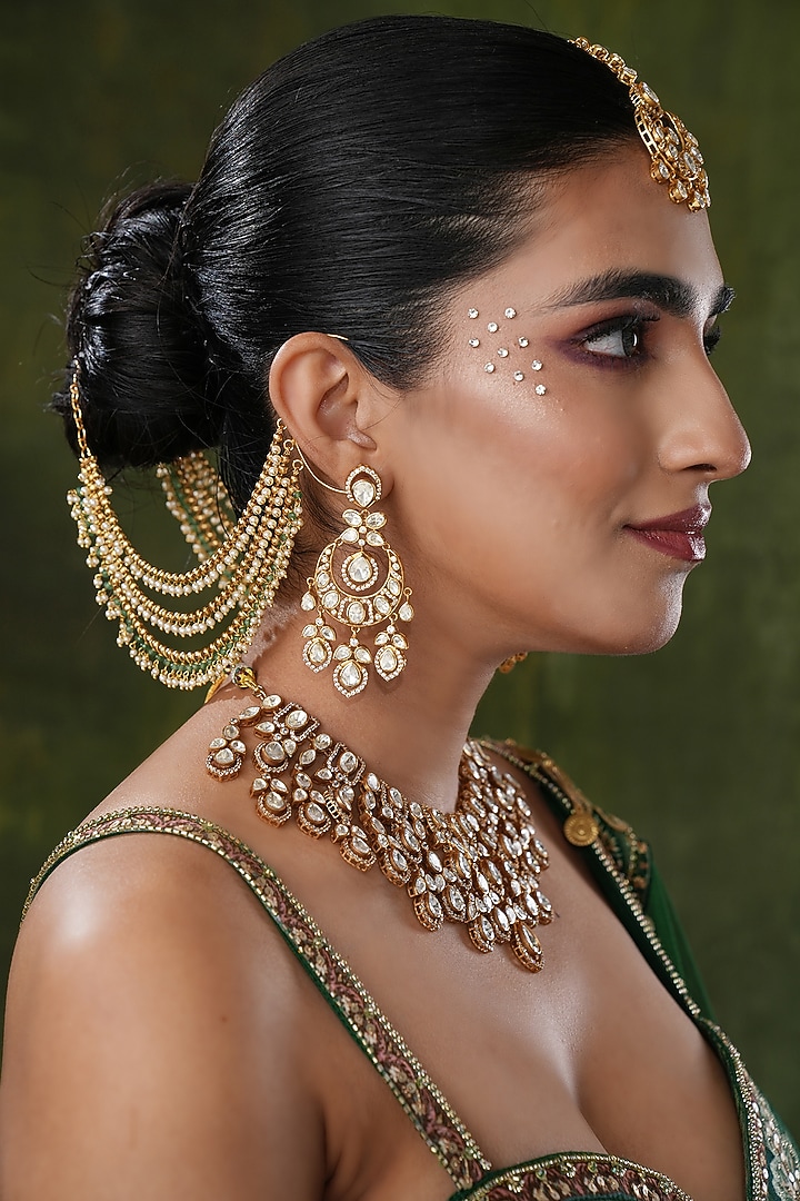 Gold Finish Moissanite Polki Necklace Set by EKATHVA JAIPUR at Pernia's Pop Up Shop