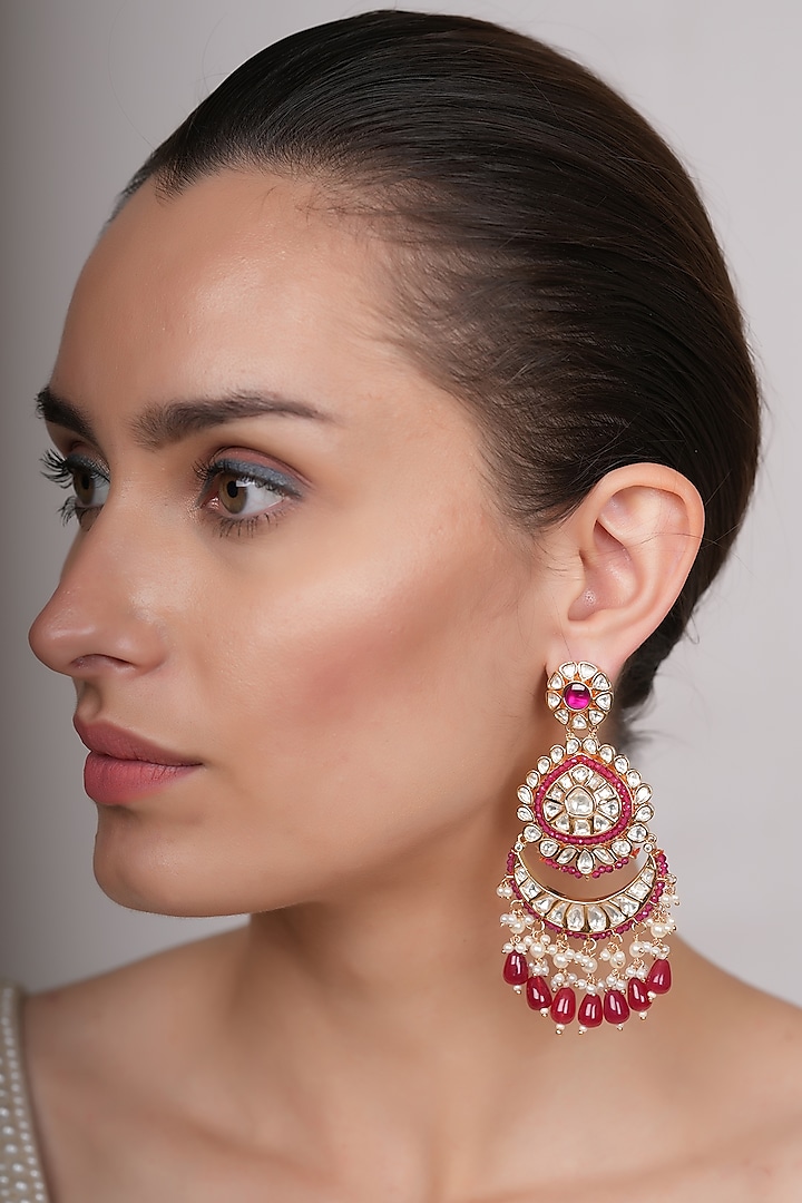 Gold Plated Ruby & Kundan Polki Dangler Earrings by EKATHVA JAIPUR