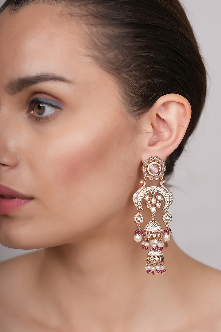 Gold Plated Red Kundan Polki Jhumka Earrings by EKATHVA JAIPUR at Pernia's Pop Up Shop