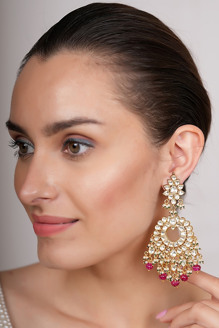Gold Plated Ruby & Kundan Polki Dangler Earrings by EKATHVA JAIPUR