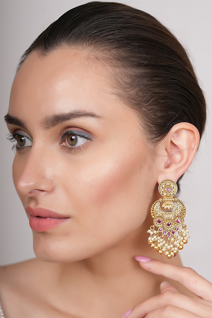 Gold Plated Temple Dangler Earrings by EKATHVA JAIPUR