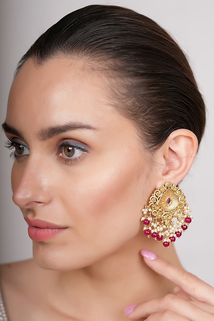 Gold Plated Ruby Temple Dangler Earrings by EKATHVA JAIPUR at Pernia's Pop Up Shop