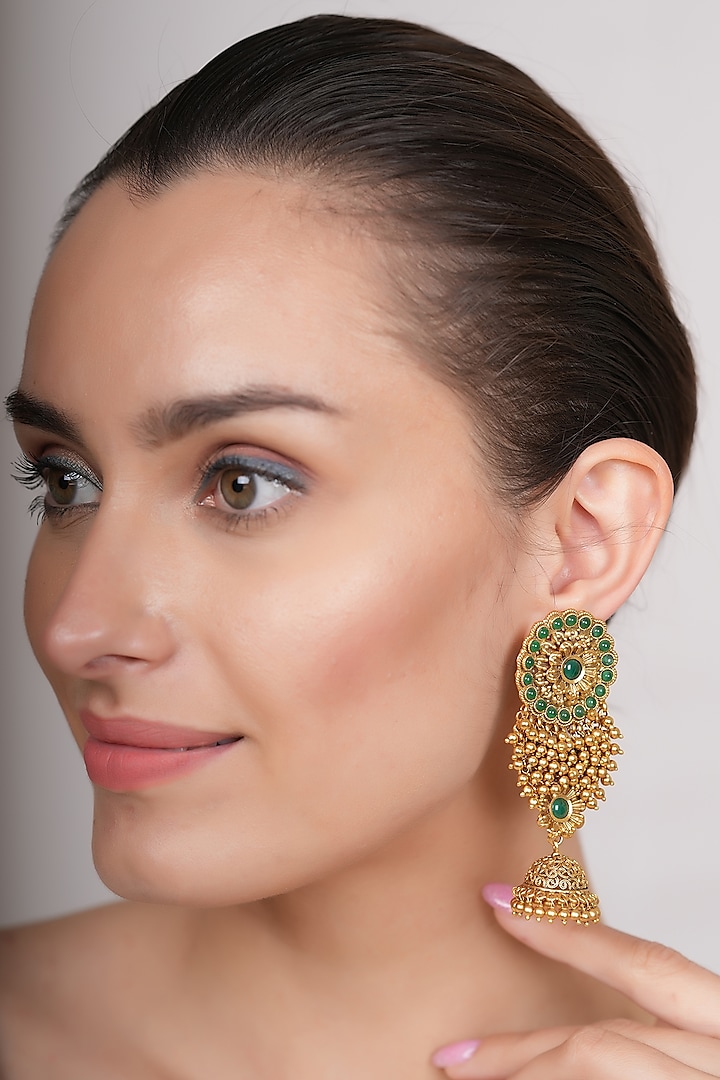 Gold Plated Emerald Temple Dangler Earrings by EKATHVA JAIPUR