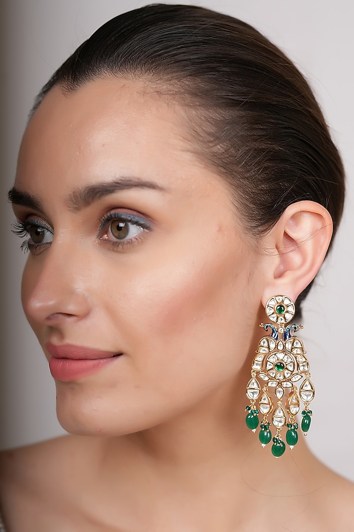 Gold Plated Green Kundan Polki Dangler Earrings by EKATHVA JAIPUR at Pernia's Pop Up Shop