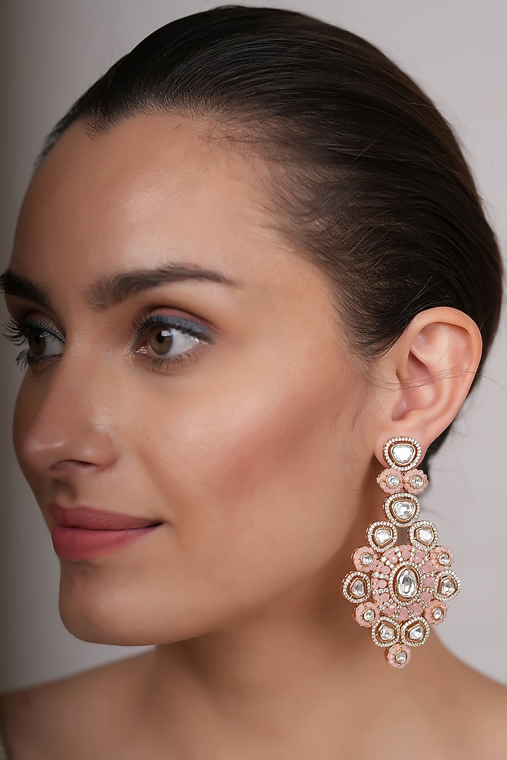 Gold Plated Rose Pink Kundan Polki Dangler Earrings by EKATHVA JAIPUR at Pernia's Pop Up Shop
