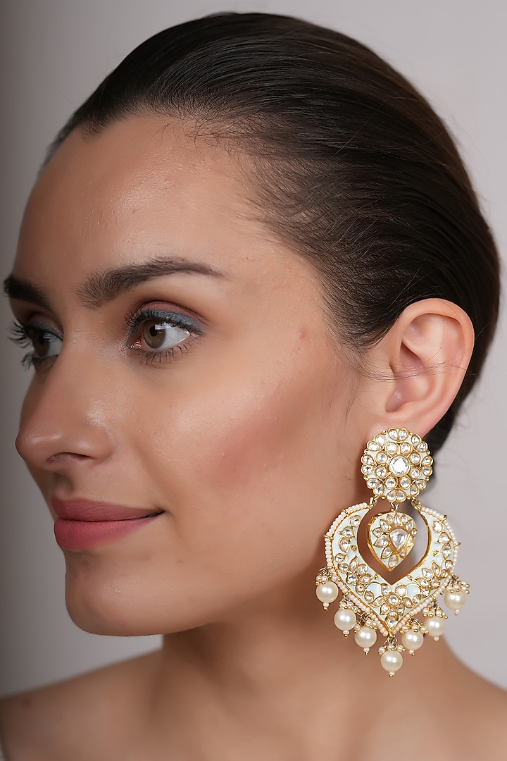 Gold Plated Mint Floral Motif Dangler Earrings by EKATHVA JAIPUR at Pernia's Pop Up Shop