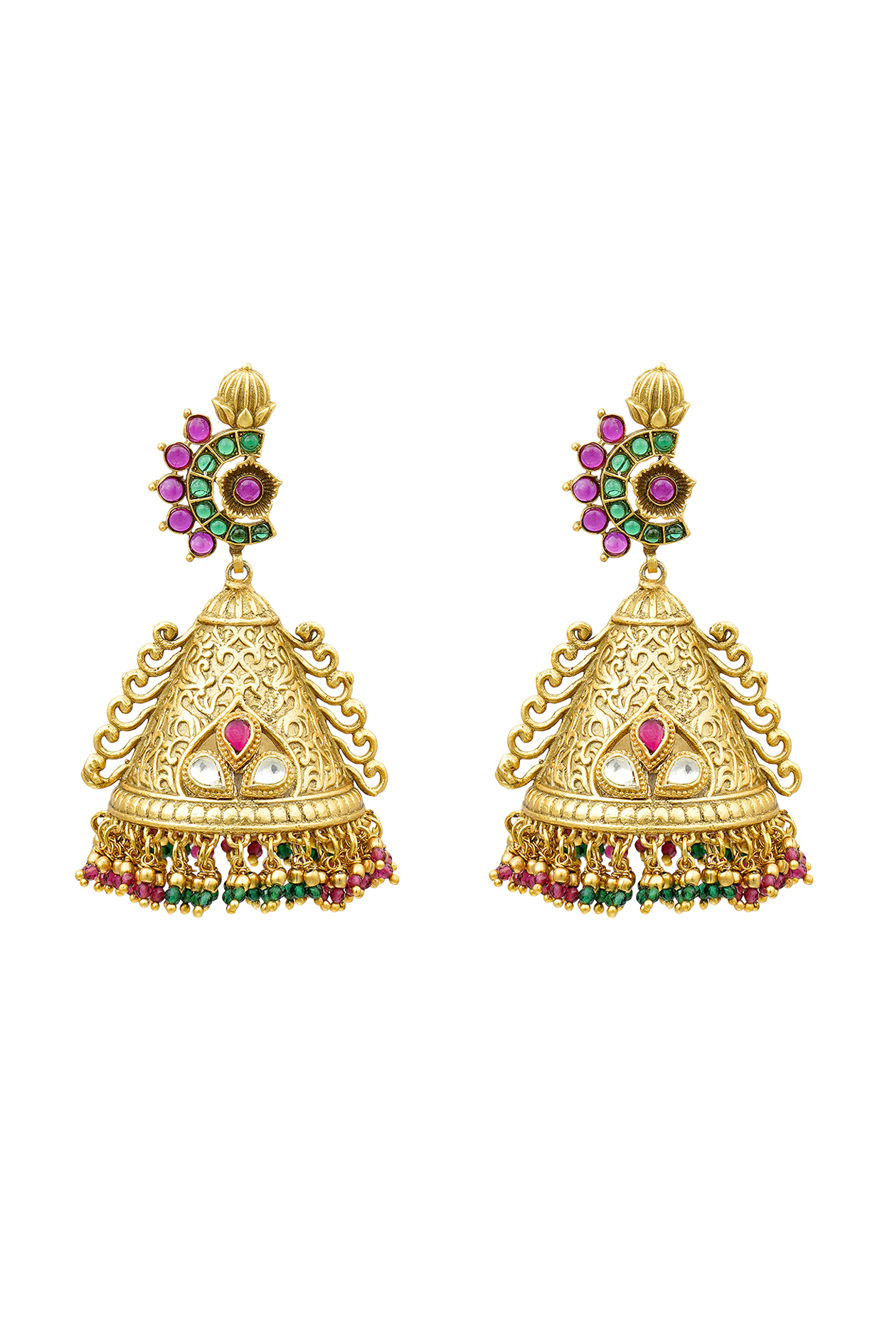 Gold Plated Triangular Temple Earrings by EKATHVA JAIPUR at Pernia's Pop Up Shop