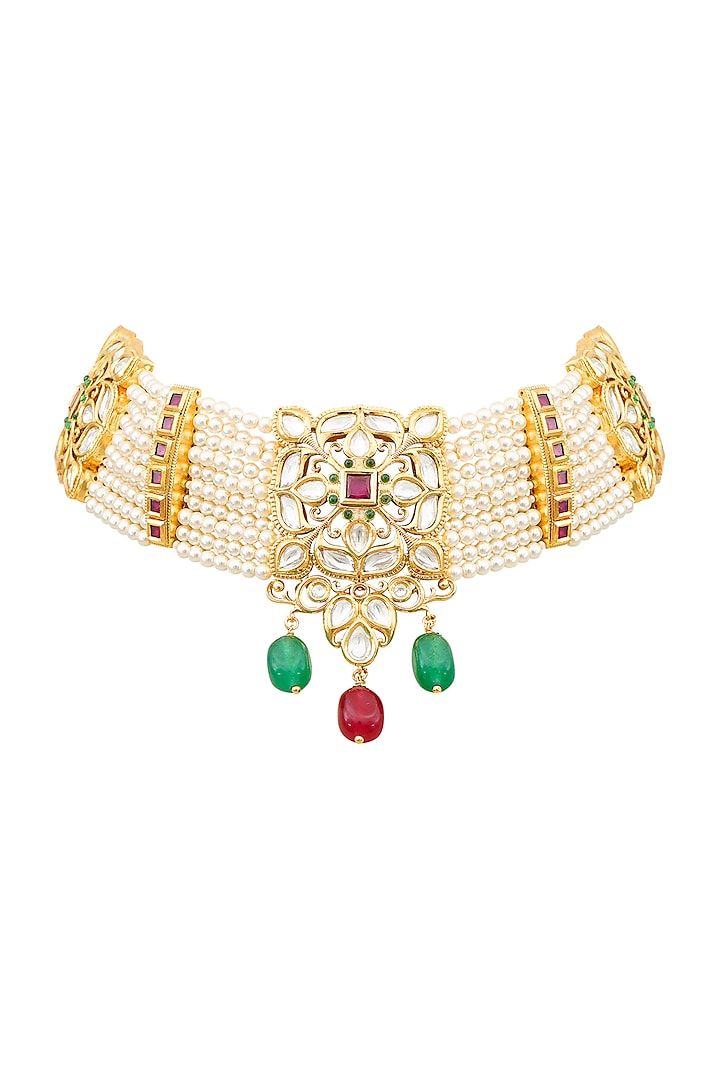 Gold Plated Pearl & Kundan Polki Choker Necklace by EKATHVA JAIPUR