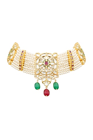 Gold Plated Pearl & Kundan Polki Choker Necklace by EKATHVA JAIPUR