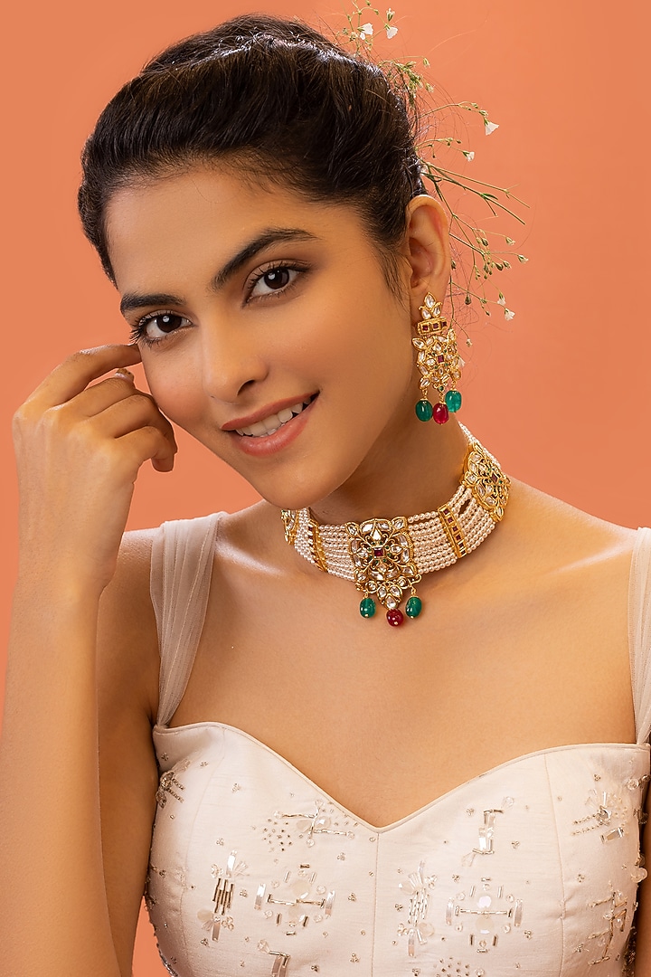 Gold Plated Pearl & Kundan Polki Choker Necklace by EKATHVA JAIPUR at Pernia's Pop Up Shop
