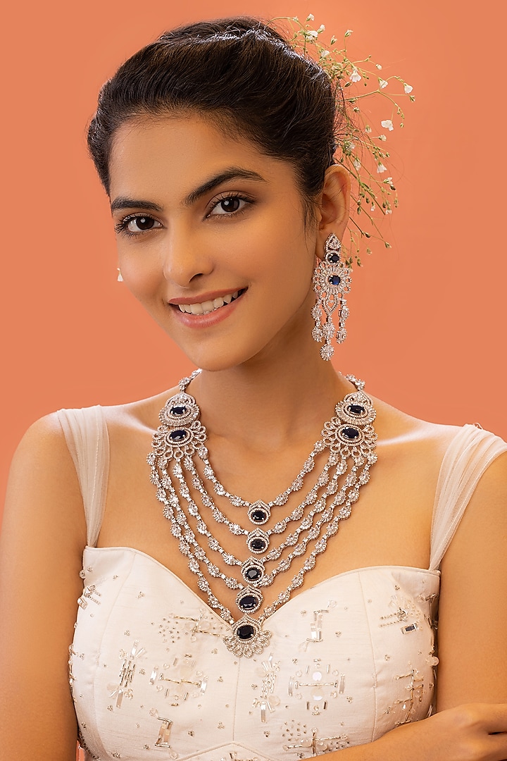 White Gold Plated Sapphire Layered Necklace Set by EKATHVA JAIPUR