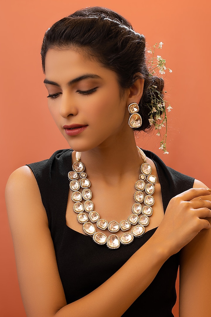 Gold Plated Kundan Polki Layered Necklace Set by EKATHVA JAIPUR at Pernia's Pop Up Shop