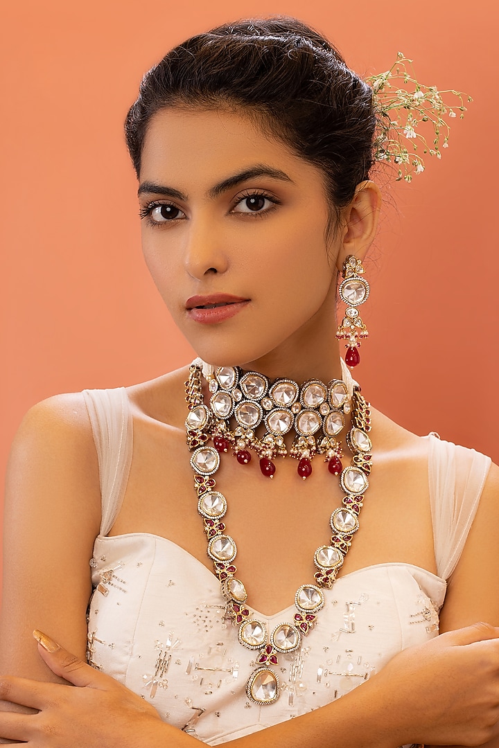 Gold Plated Kundan Polki & Ruby Long Layered Necklace Set by EKATHVA JAIPUR