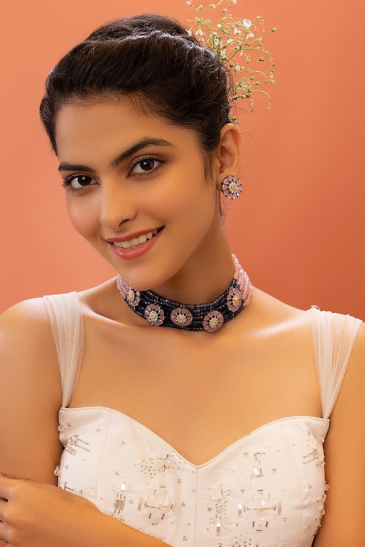 Gold Plated Sapphire & Rose Stone Choker Necklace Set by EKATHVA JAIPUR