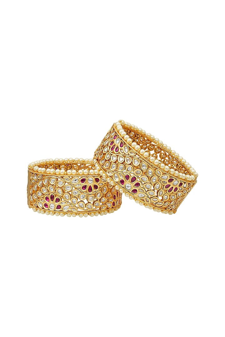 Gold Plated Kundan Meenakari Bangles (Set of 2) by EKATHVA JAIPUR at Pernia's Pop Up Shop