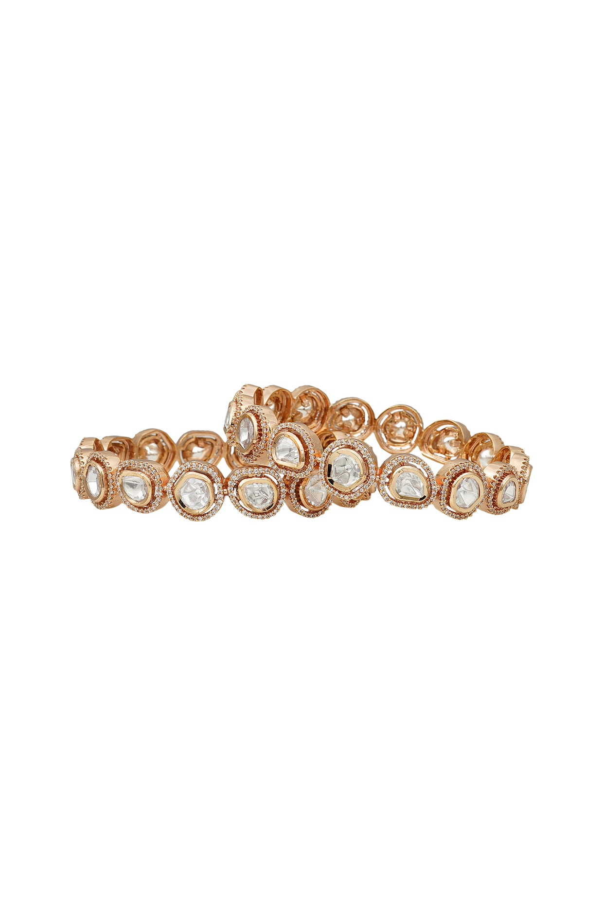 Rose Gold Plated Un-Cut Polki Bangles (Set of 2) by EKATHVA JAIPUR at Pernia's Pop Up Shop