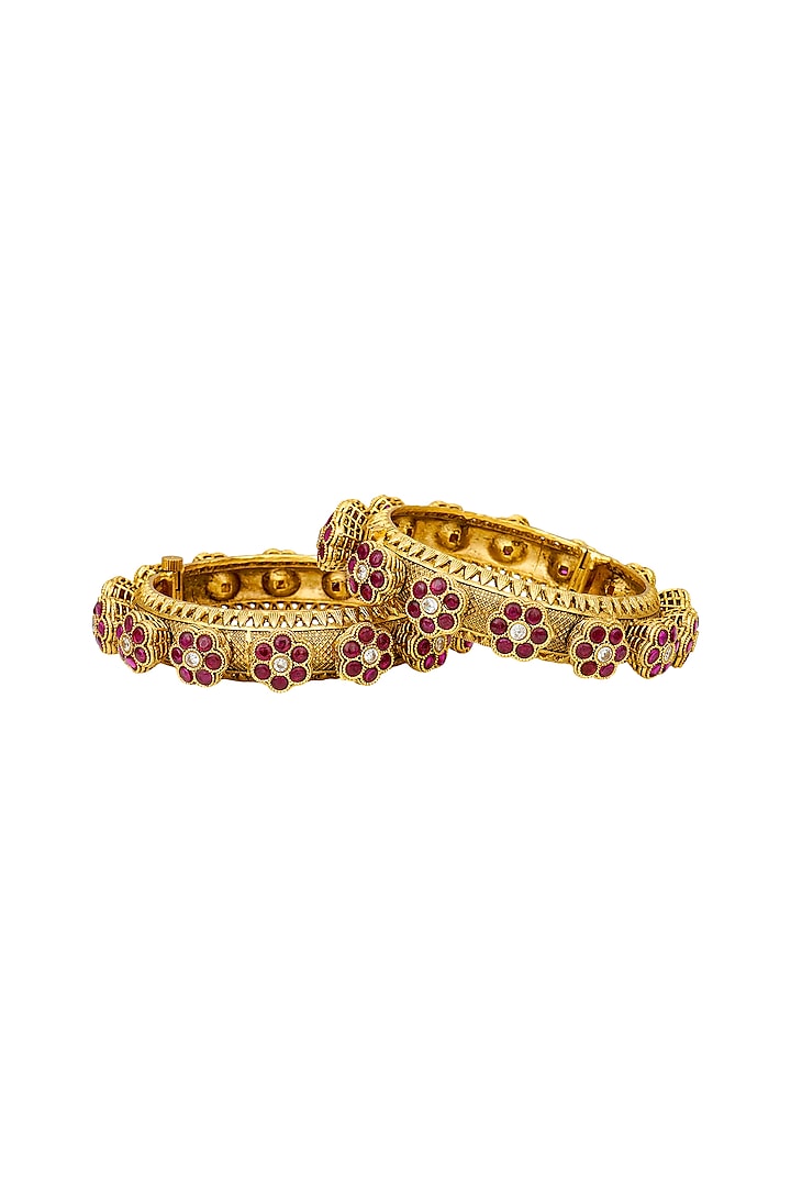 Gold Plated Pachouli Temple Bangles With Ruby Flowers (Set of 2) by EKATHVA JAIPUR
