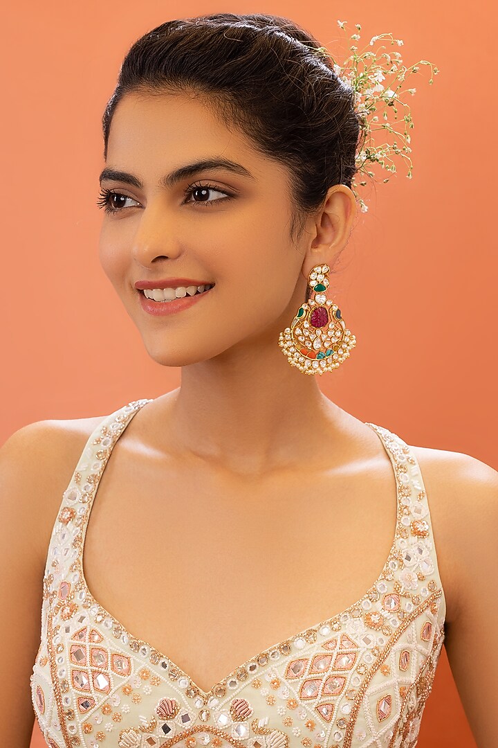 Gold Plated Navratna Earrings by EKATHVA JAIPUR at Pernia's Pop Up Shop
