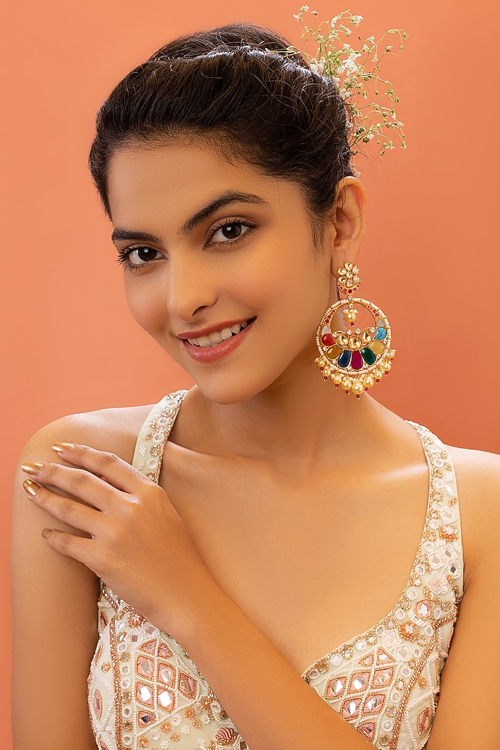 Gold Plated Navratna Round Drop Earrings by EKATHVA JAIPUR at Pernia's Pop Up Shop