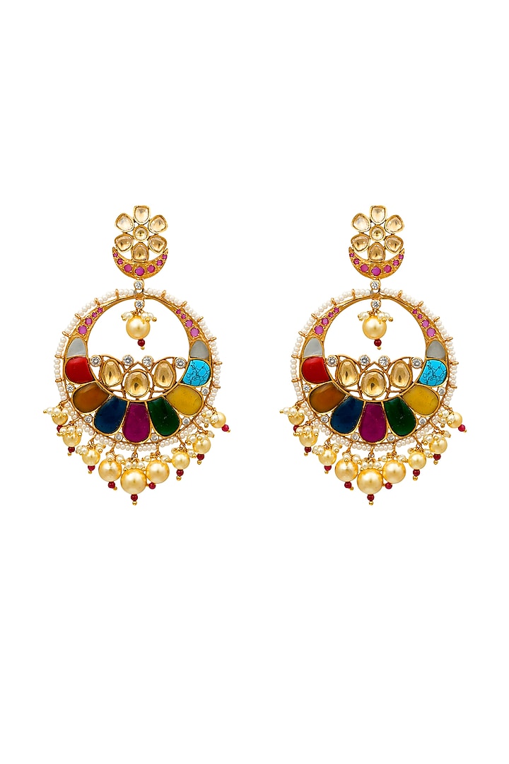 Gold Plated Navratna Round Drop Earrings by EKATHVA JAIPUR at Pernia's Pop Up Shop