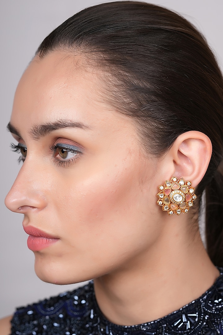 Gold Plated Pink Polki Stud Earrings by EKATHVA JAIPUR