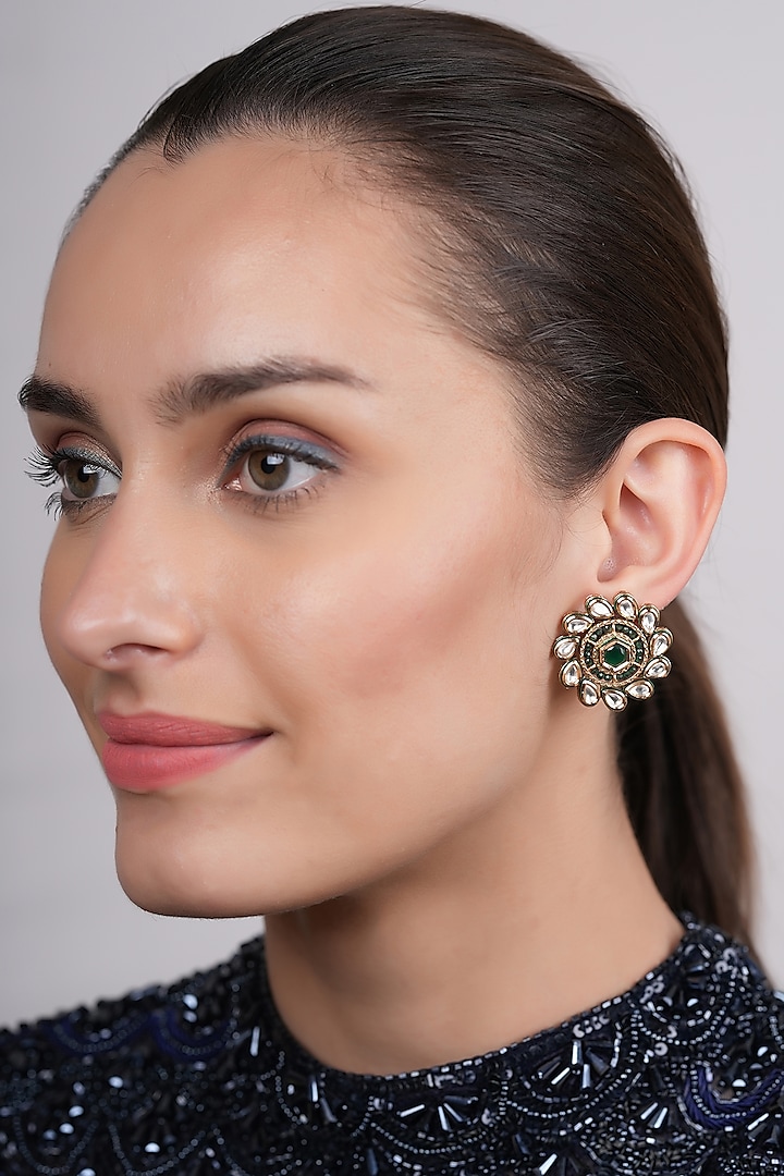 Gold Plated Emerald Polki Stud Earrings by EKATHVA JAIPUR