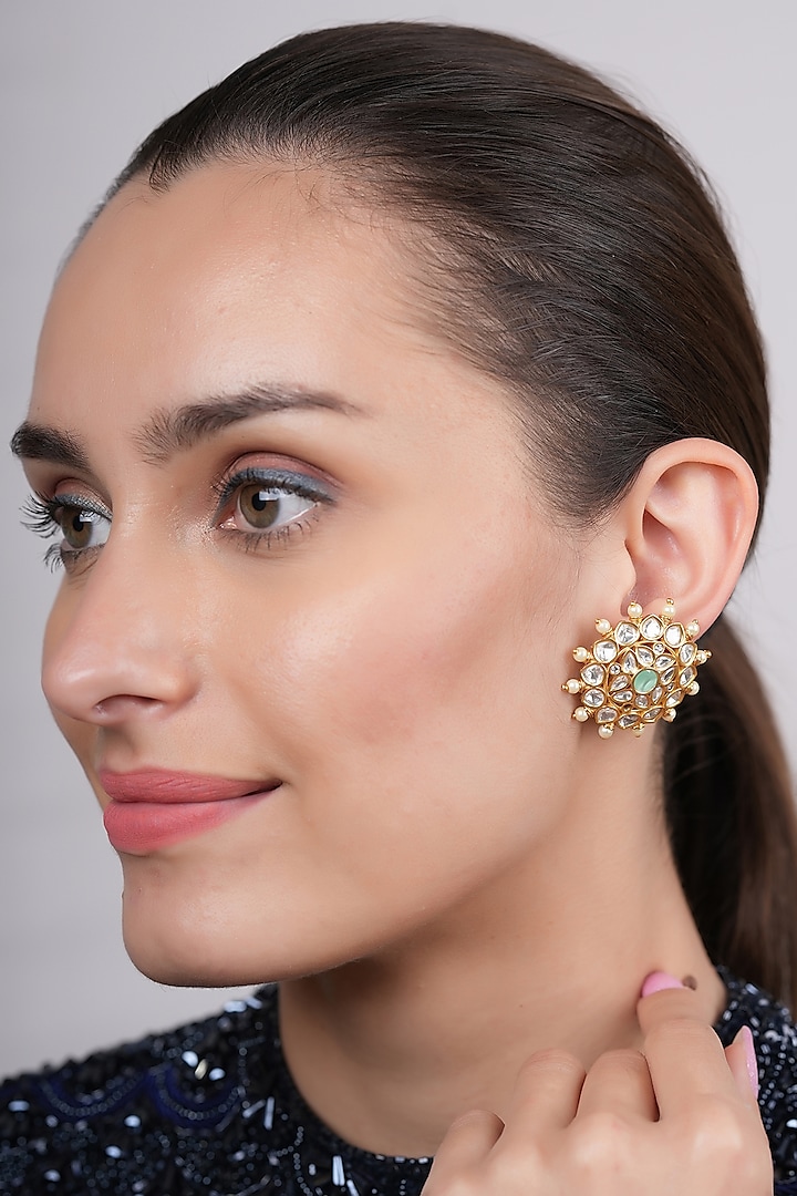 Gold Plated Mint Polki Stud Earrings by EKATHVA JAIPUR
