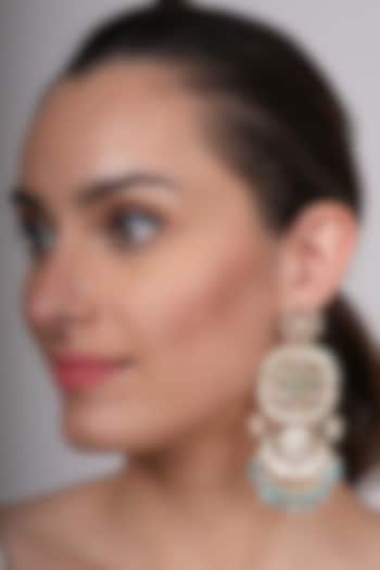 Gold Plated Kundan Polki & Mint Beaded Dangler Earrings by EKATHVA JAIPUR