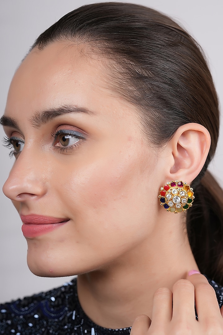 Gold Plated Multi-Colored Polki Stud Earrings by EKATHVA JAIPUR