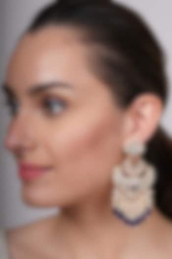 Gold Plated Kundan Polki & Blue Beaded Dangler Earrings by EKATHVA JAIPUR