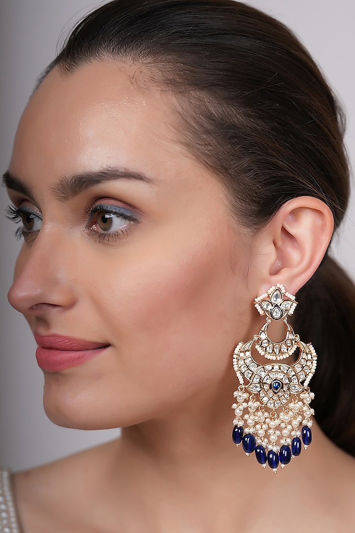 Gold Plated Kundan Polki & Blue Beaded Dangler Earrings by EKATHVA JAIPUR