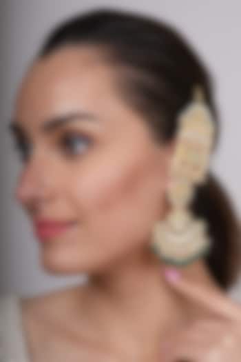 Gold Plated Kundan Polki & Green Beaded Dangler Earrings by EKATHVA JAIPUR
