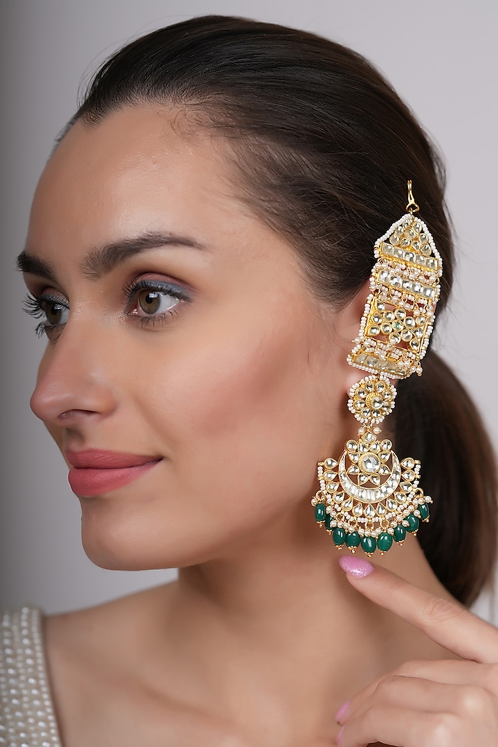 Gold Plated Kundan Polki & Green Beaded Dangler Earrings by EKATHVA JAIPUR