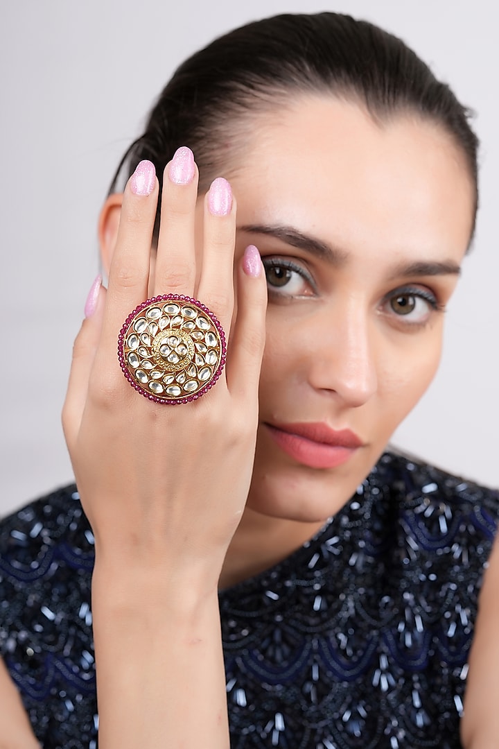 Gold Plated Red Stone Ring by EKATHVA JAIPUR