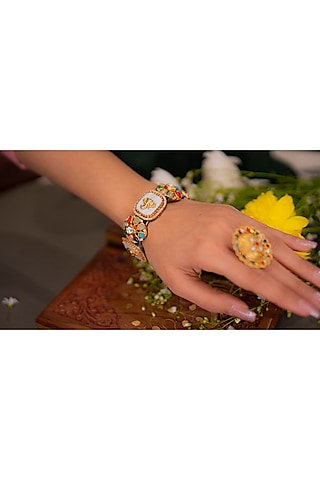 Gold Finish Navratna Stone & Elephant Motif Bangle by EKATHVA JAIPUR