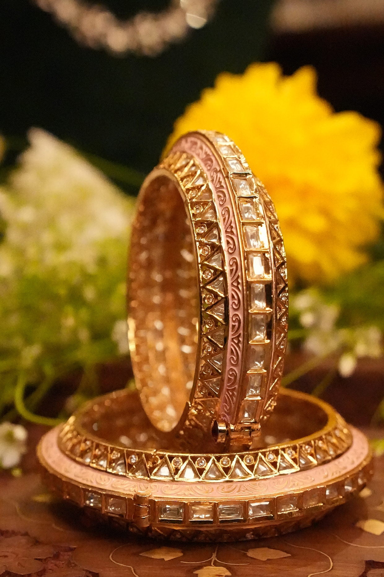 Gold Finish Kundan Polki Meenakari Bangles (Set Of 2) by EKATHVA JAIPUR at Pernia's Pop Up Shop