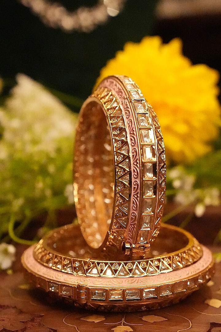 Gold Finish Kundan Polki Meenakari Bangles (Set Of 2) by EKATHVA JAIPUR at Pernia's Pop Up Shop