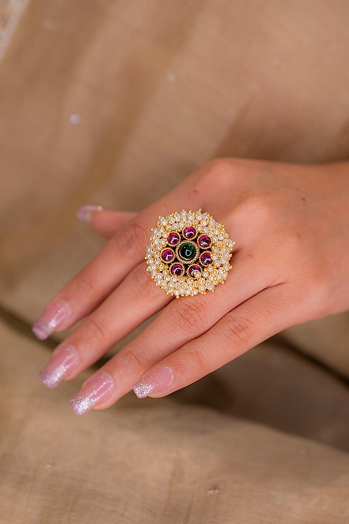 Gold Finish Ruby & Pearl Ring by EKATHVA JAIPUR at Pernia's Pop Up Shop