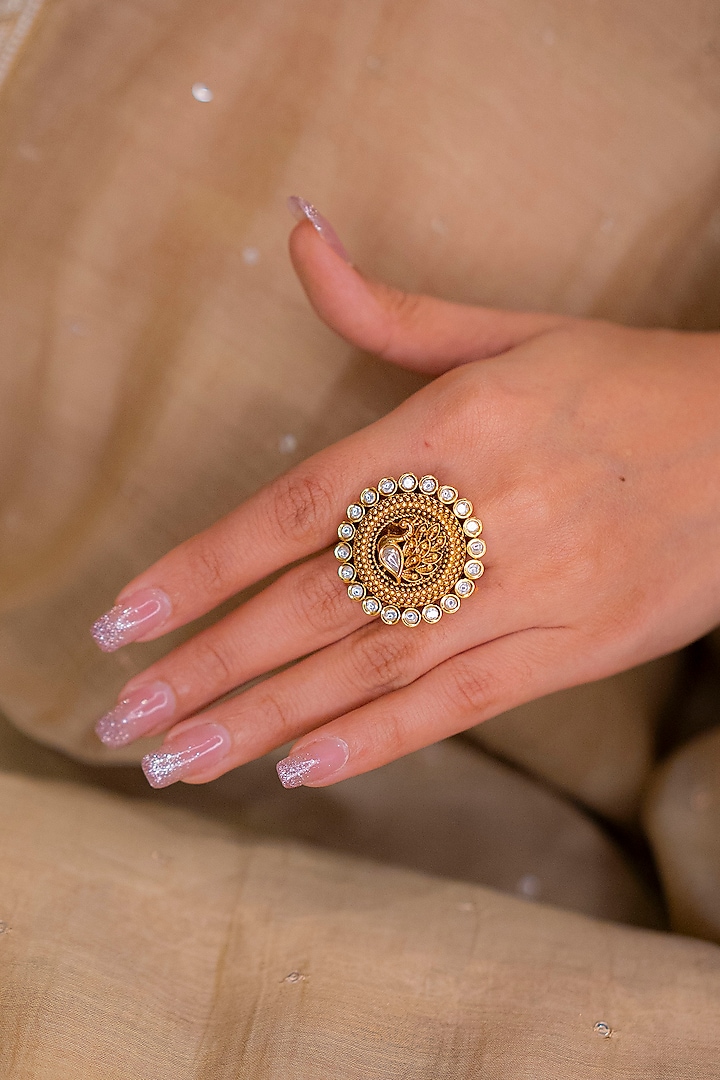 Gold Finish Kundan Polki & Peacock Motif Temple Ring by EKATHVA JAIPUR at Pernia's Pop Up Shop