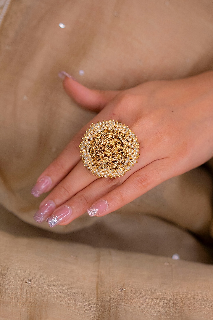 Gold Plated Pearl Temple Ring by EKATHVA JAIPUR at Pernia's Pop Up Shop