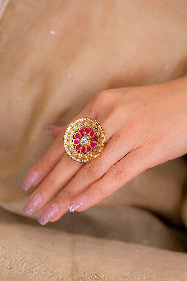 Gold Plated Ruby & Kundan Polki Enameled Ring by EKATHVA JAIPUR at Pernia's Pop Up Shop