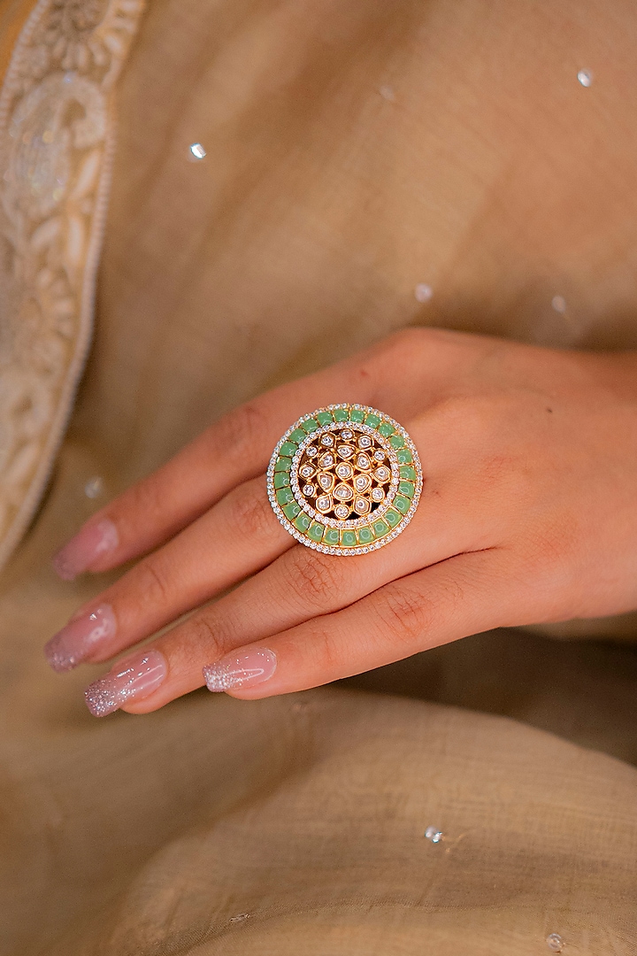 Gold Finish Moissanite Polki & Emerald Ring by EKATHVA JAIPUR at Pernia's Pop Up Shop