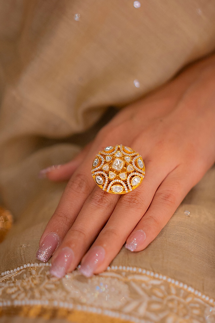 Gold Finish Moissanite Polki Ring by EKATHVA JAIPUR at Pernia's Pop Up Shop