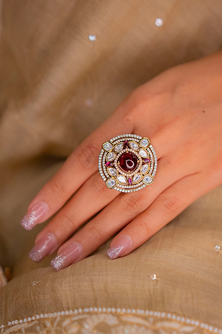 Black Rhodium Finish Swarovski Crystal & Ruby Ring by EKATHVA JAIPUR at Pernia's Pop Up Shop