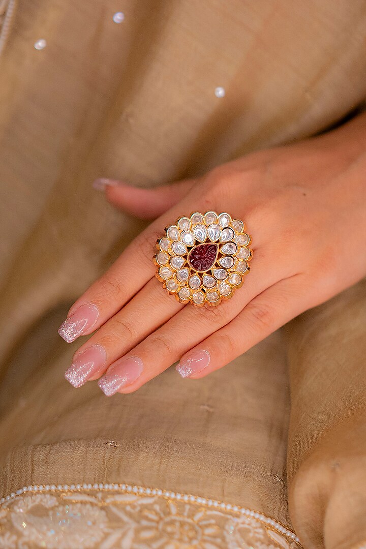 Gold Finish Kundan Polki & Ruby Ring by EKATHVA JAIPUR at Pernia's Pop Up Shop