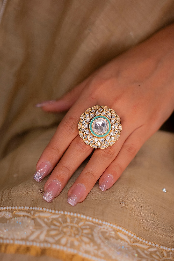 Gold Plated Kundan Polki Meenakari Ring by EKATHVA JAIPUR at Pernia's Pop Up Shop